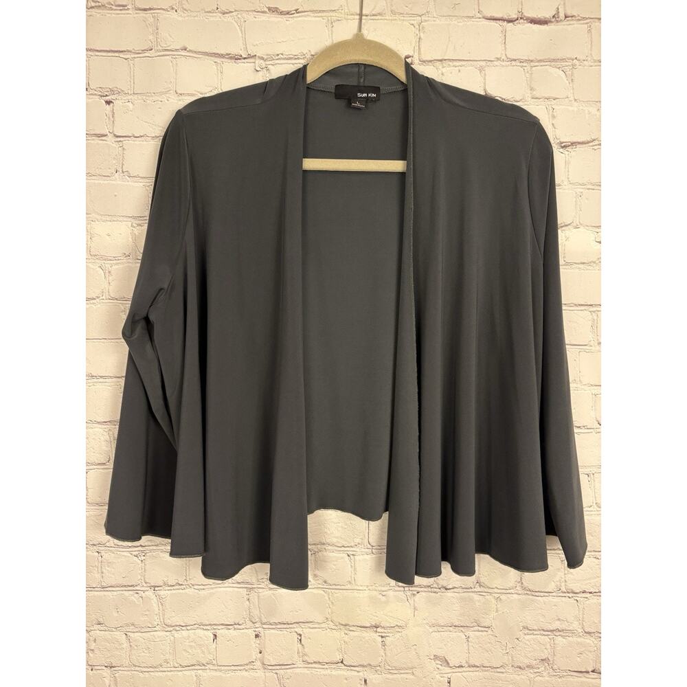Sun Kim Comfy USA Lagenlook Jersey Open Cardigan Jacket Topper Gray Size Large
